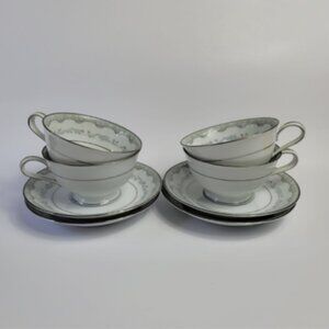 FOUR Noritake Margaret 6243 Cup & Saucer Sets Green Leaves & Scrolls